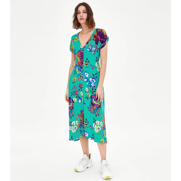 Zara Dresses & Skirts - Zara Midi Dress Small Teal Blue Floral Print Sleeveless V-Neck Button Up A-Line